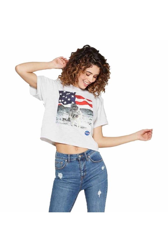 Women's Short Sleeve Cropped NASA Moon Landing Patriotic T-Shirt - Light Grey Heather - (Medium)