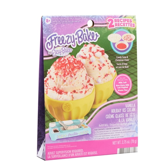 Easy-Bake Freezy Bake Vanilla Holiday Ice Cream Refill Mix, Kids DIY Frozen Dessert Activity Kit with Festive Vanilla Mix and Toppings, Ages 8+