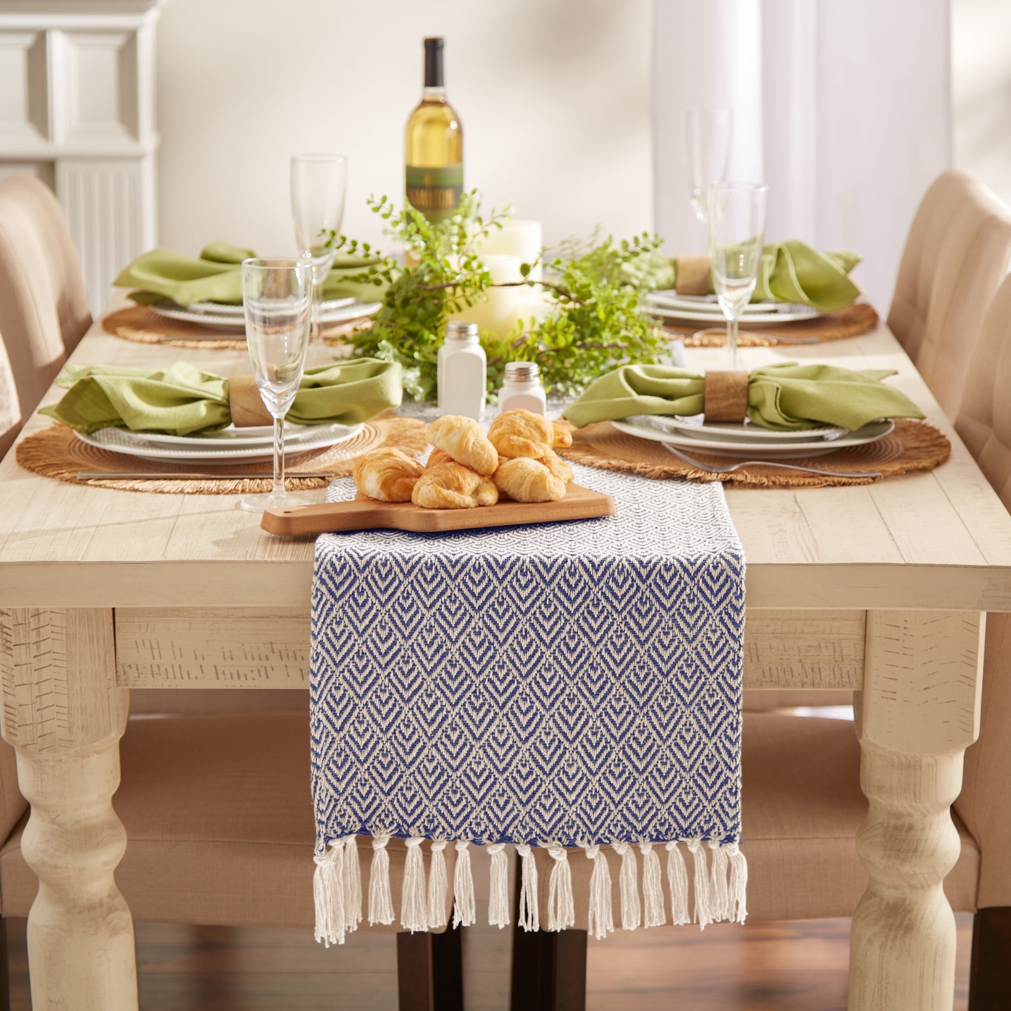 French Blue Diamond Cotton Table Runner with Tassels, 15x72