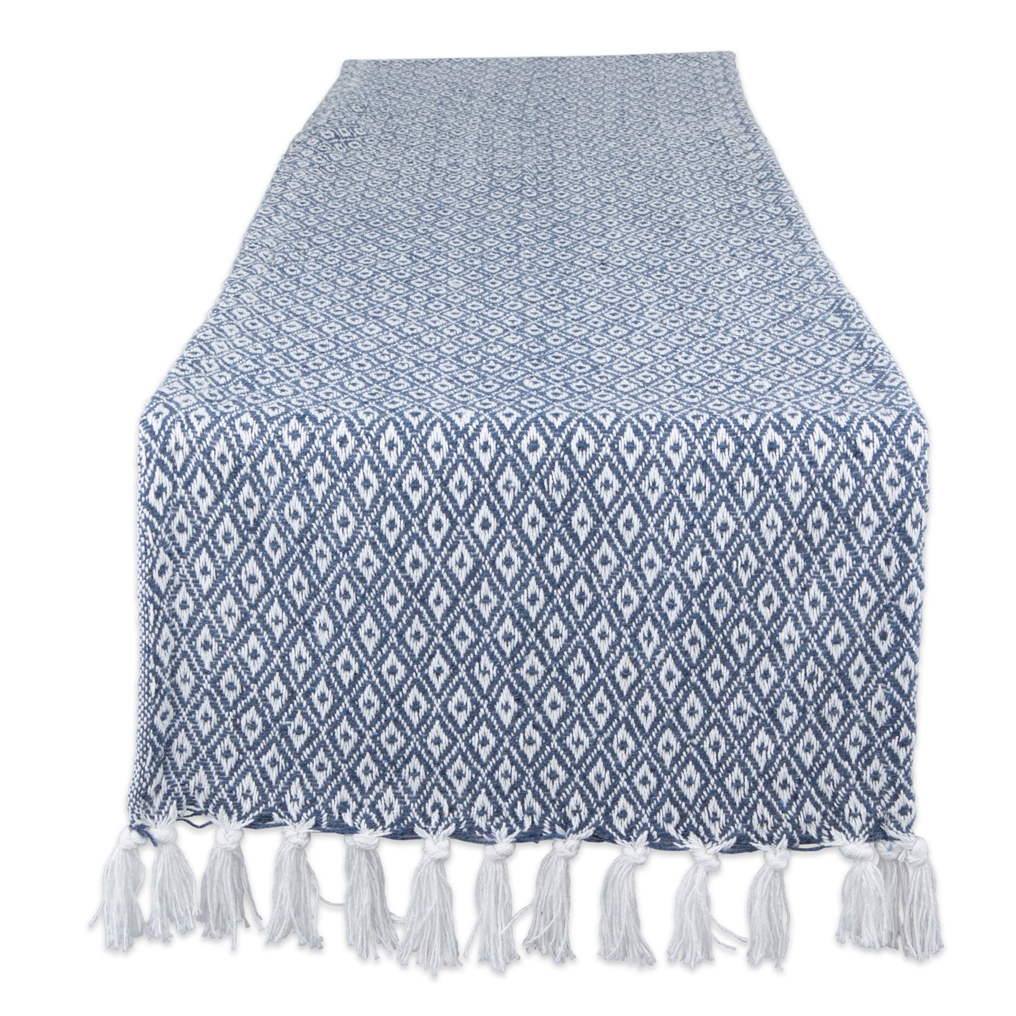 French Blue Cotton Diamond Pattern Table Runner with Tassels