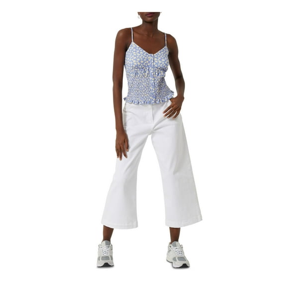 FRENCH CONNECTION Womens Blue Smocked Adjustable Floral Spaghetti Strap V Neck Button Up Top XS