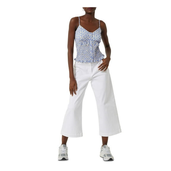 FRENCH CONNECTION Womens Blue Smocked Adjustable Floral Spaghetti Strap V Neck Button Up Top XS