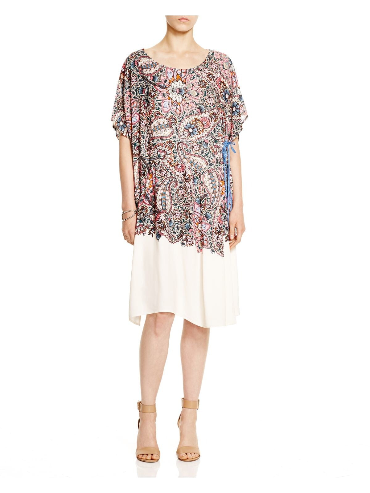 FRENCH CONNECTION Womens Pink Paisley Cap Sleeve Jewel Neck Below The