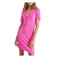 thumbnail image 1 of FRENCH CONNECTION Womens Pink Ribbed Partial Button-front Short Sleeve Round Neck Short Body Con Dress 4, 1 of 2