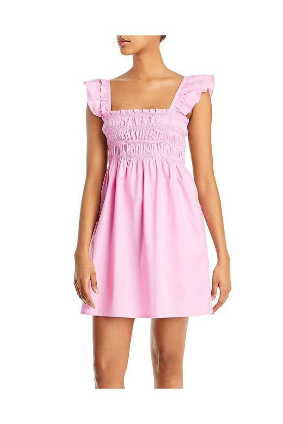 Womens Pink Ruffled Smocked Pullover Unlined Sleeveless Square Neck Mini A-Line Dress 2
