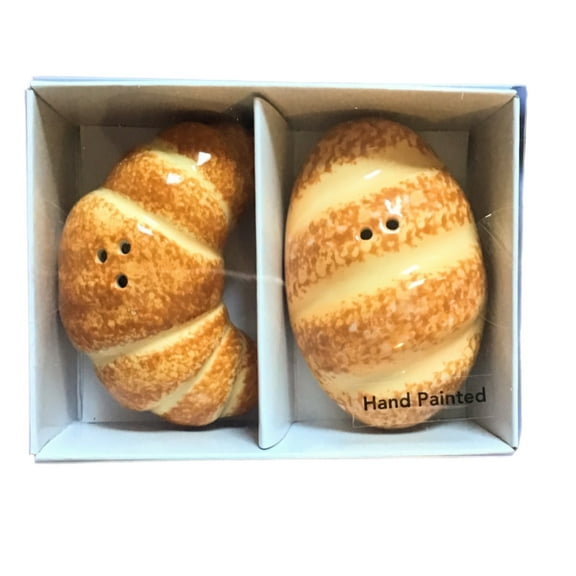 FRENCH TASTE BUTTER CROISSANT CERAMIC HAND PAINTED SALT & PEPPER SHAKER SET