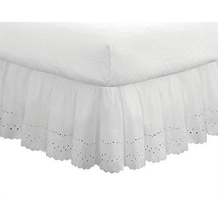 FRESH IDEAS Ideas Ruffled Eyelet Bed Skirt Dust Ruffle with Gathered Styling and Embroidered Details, 14" Drop Length, Queen, White