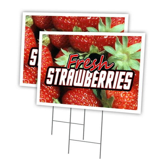 FRESH STRAWBERRIES 2 Pack Of 18" x 24" Yard Sign & Stake outdoor plastic window | Advertise Your Business | Stake Included Image On Front Only | Made in The USA