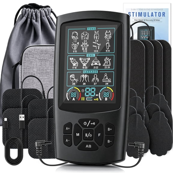 FRESHDEW TENS Unit, Rechargeable Muscle Stimulator with 12 Reusable Pads, EMS Dual Channel, 28 Modes, 40 Intensity for Back, Neck, Leg Relief