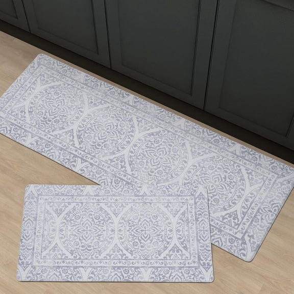 FRESHMINT 2 Piece Set Boho Kitchen Mats for Floor Bohemian Distressed Anti Fatigue Kitchen Rugs Vintage Farmhouse Cushioned Kitchen Runners for Standing Waterproof & Non-Skid Comfort, Gray