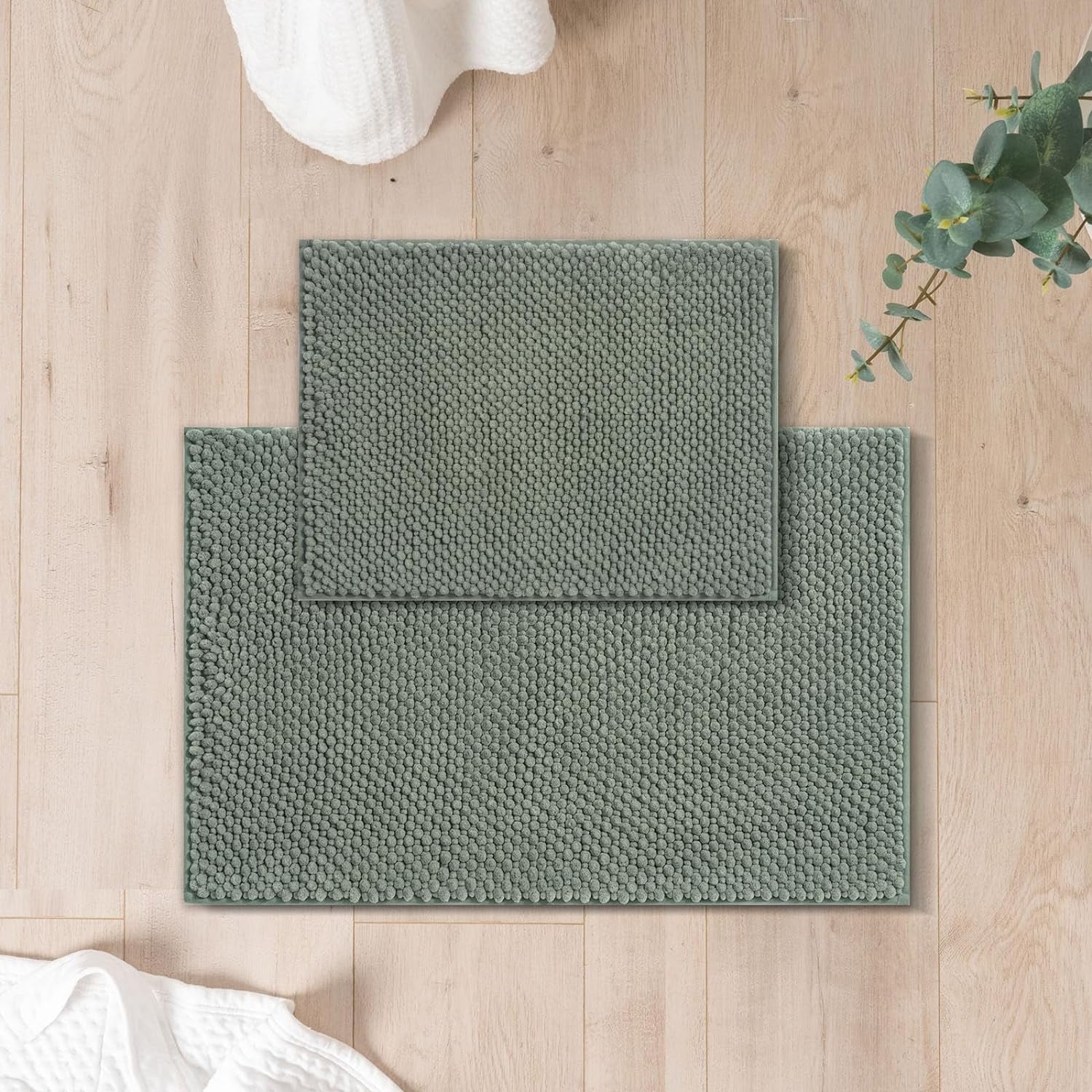 FRESHMINT Chenille Bathroom Rugs 2 Piece Set - Non-Slip Water Absorbent 17''x24''+20''x32''+ Bath Mats, Sage Green