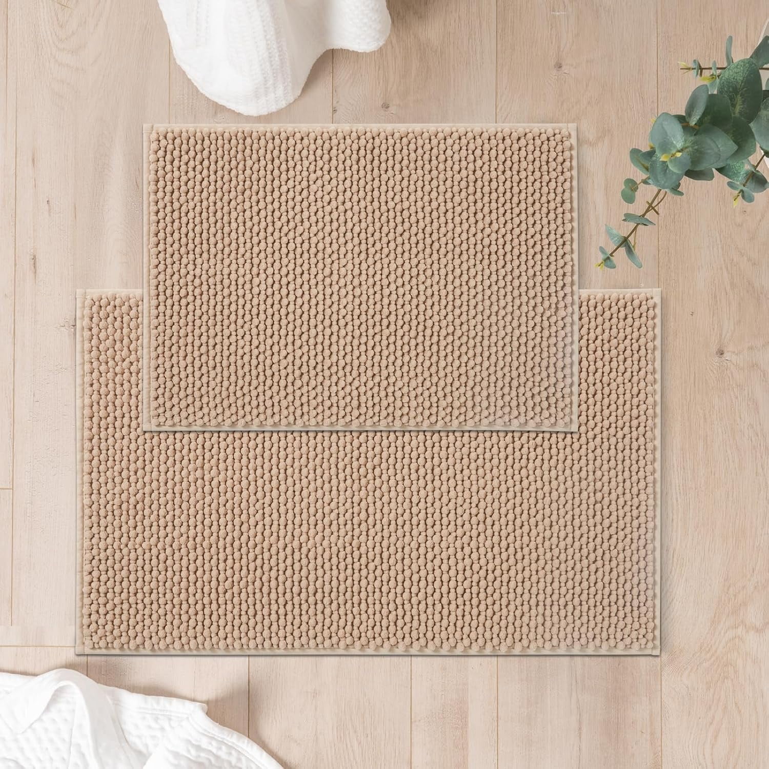 FRESHMINT Chenille Bathroom Rugs Set - 2 Piece 17''x24''+20''x32'', Non-Slip Absorbent Bath Mats, Washable Set of 2 Shower Floor Mats, Beige