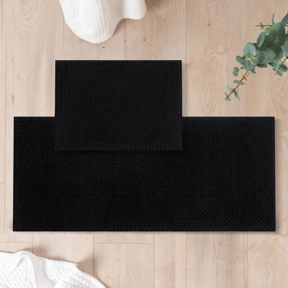 FRESHMINT Chenille Bathroom Rugs Set - 2 Piece (17''x24''+20''x47''), Non-Slip Bath Mats, Water Absorbent, Washable Shower Floor Mat, Black