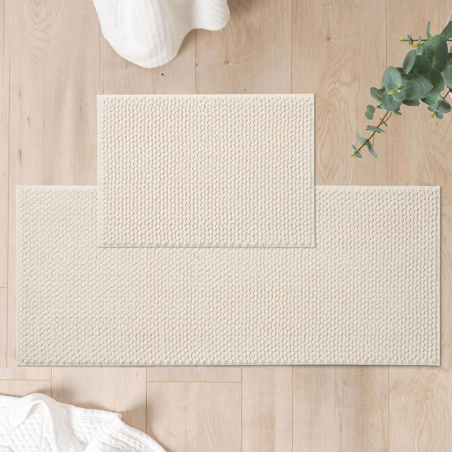FRESHMINT Chenille Bathroom Rugs Sets 2 Piece 17''x24''+20''x47'', Non-Slip Bath Mats Set for Bathroom, Absorbent Bath Rug, Washable Set of 2 Shower Floor Mat Runner, Cream