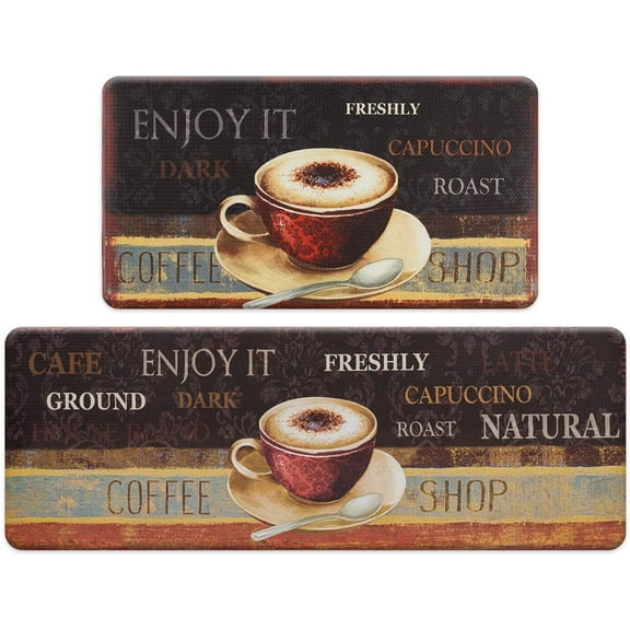 FRESHMINT Coffee Kitchen Rug Set 2 Pieces, Kitchen Floor Mats Cushioned Anti-Fatigue Waterproof Easy to Clean Comfort Standing Kitchen Mats for Floor