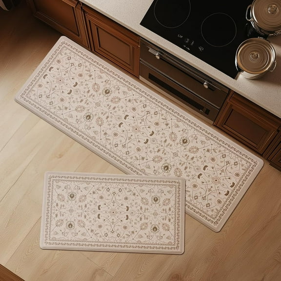 FRESHMINT Kitchen Mats for Floor 2 Piece Set, Waterproof & Non-Skid Vintage Floarl Kitchen Rugs, Cushioned Kitchen Floor Mat for Standing Washable Comfort Desk Kitchen Runners, 17x30'' 17x47''