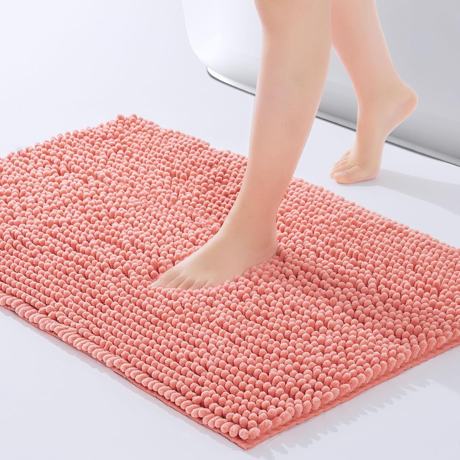 FRESHMINT Large Chenille Bathroom Rugs Mat 36'' x 24'' Non-Slip Bath Mat for Bathroom Floor & Bathtub, Washable Shower Shag Bath Rugs, Soft Fluffy Thick Water Absorbent Microfiber Shower Mat, Coral