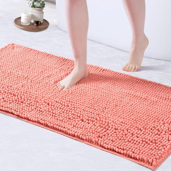 FRESHMINT Large Chenille Bathroom Rugs Mat 47"x24", Non-Slip Bath Mat for Bathroom Floor & Bathtub, Washable Shower Shag Bath Rugs, Soft Thick Water Absorbent Microfiber Shower Mat, Coral