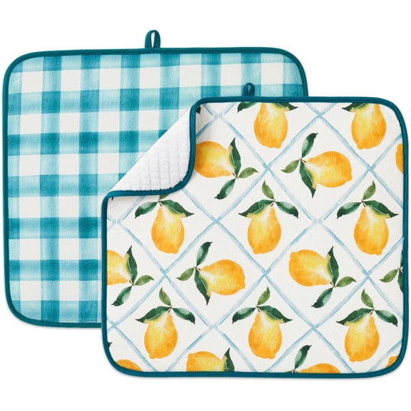 FRESHMINT Printed Dish Drying Mat for Kitchen Counter 2 Pack Absorbent Reversible Drying Mats Microfiber Kitchen Drying Mat, Extra Large Dishes Drainer Mats (18"x16", Lemon)