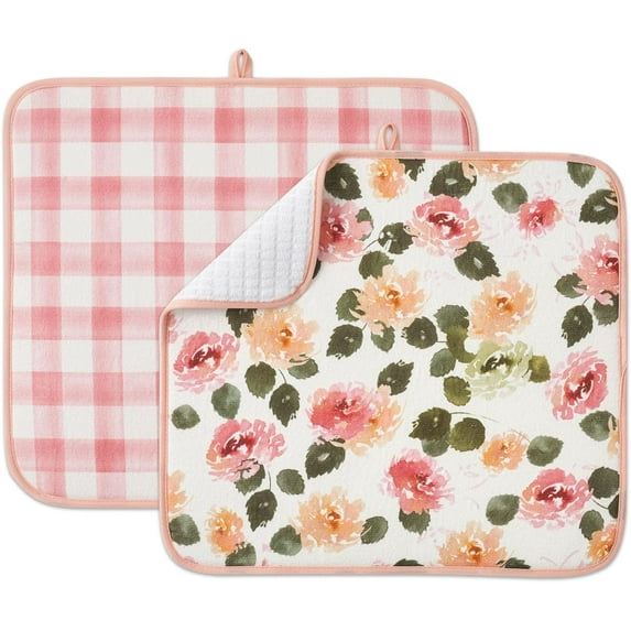 FRESHMINT Printed Dish Drying Mats for Kitchen Counter 2 Pack Absorbent Reversible Drying Mats Microfiber Kitchen Countertop Protector Dishes Drying Pad Extra Large 18"x16" Dish Mat (Floral)