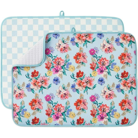 FRESHMINT Printed Dish Drying Mats for Kitchen Counter 2 Pack Absorbent Reversible Drying Mats Microfiber Kitchen Countertop Protector Dishes Drying Pad Extra Large 18"x24" Dish Mat