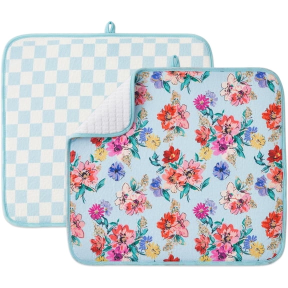 FRESHMINT Printed Dish Drying Mats for Kitchen Counter 2 Pack Absorbent Reversible Drying Mats Microfiber Kitchen Countertop Protector Dishes Drying Pad Extra Large 18"x16" Dish Mat