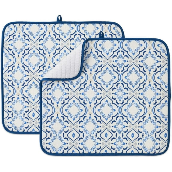 FRESHMINT Printed Dish Drying Mats for Kitchen Counter 2 Pack Absorbent Reversible Drying Mats Microfiber Kitchen Countertop Protector Dishes Drying Pad Extra Large 18"x16" Dish Mat (Floral)