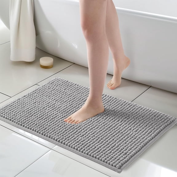 FRESHMINT Thick Chunky Chenille Bath Rugs 20'' x 32'', Non Slip Bath Mat, Soft Bathroom Decor, Cute Shower Mat, Water Absorbent, Washable, Dove Gray