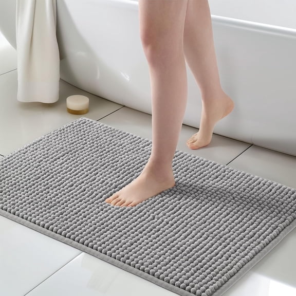 FRESHMINT Thick Chunky Chenille Bathroom Rug, 24'' x 36'', Non Slip Bath Mat, Soft Bathroom Decor, Cute Shower Mat, Water Absorbent, Washable, Dove Gray