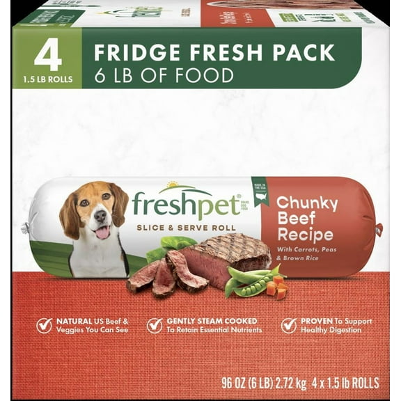 Freshpet Fresh Dog Food, Chunky Beef & Carrot Recipe Value Pack 4-1.5 lb Rolls