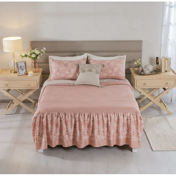 FRESIA FLOWERS SOFT TEXTURE REVERSIBLE BEDSPREAD SET WITH ATTACHED RUFFLE 3 PCS QUEEN SIZE MADE IN MEXICO