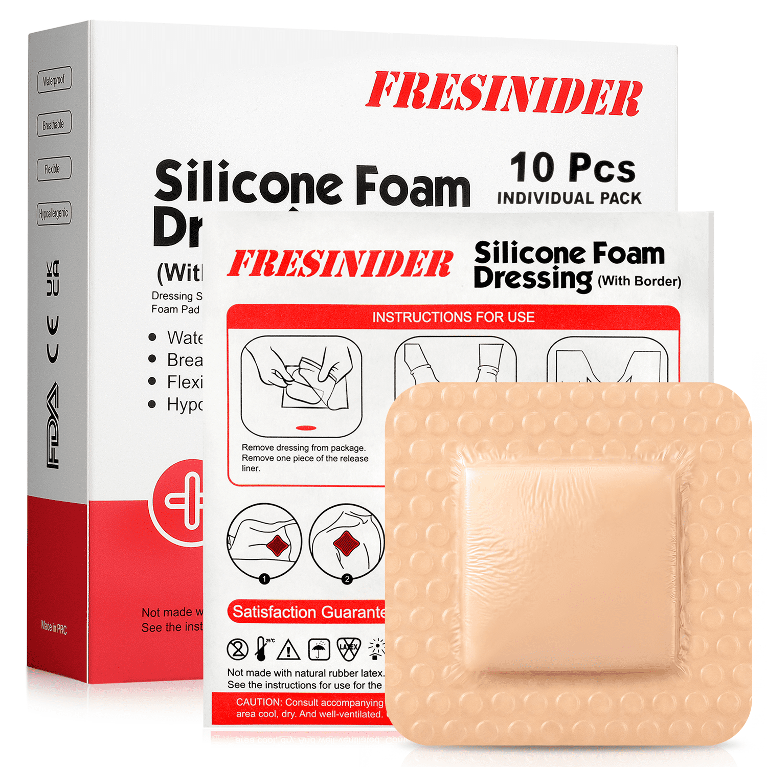 FRESINIDER Silicone Foam Dressing with Adhesive Border, 2 x 2 Inch, 10 ...