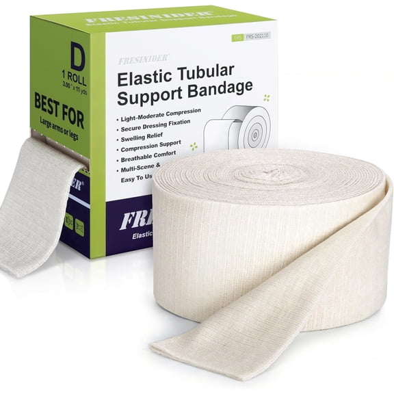 FRESINIDER Size D Elastic Tubular Support Bandage (3" x 11 Yards) Light to Moderate Compression Roll for Forearm, Elbow & Ankle, Breathable Stretch Stockinette