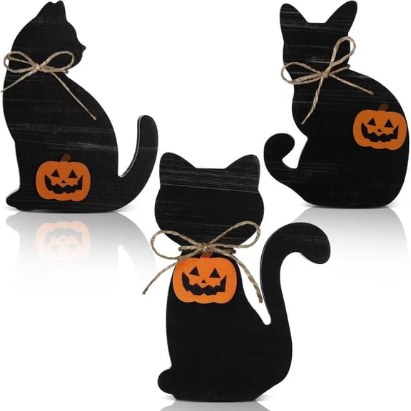 FRESMINT Halloween Black Cat Wooden Decor, Set of 3 Vintage Cartoon Figurines, Double-Sided Beech Wood, 5.91 in, Farmhouse Style