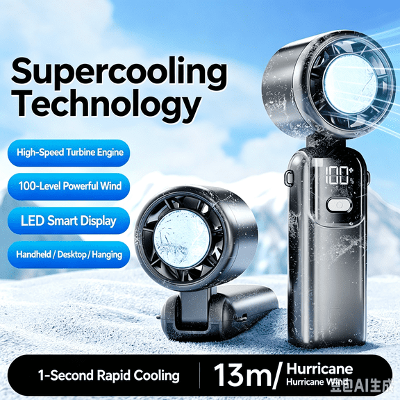 FRESMINT Portable Turbo Fan with Semiconductor Cooling, 13m/s 100-Speed, 3-in-1 Foldable Handheld/Neck/Desk Fan, LED Display, USB-C Rechargeable in GRY