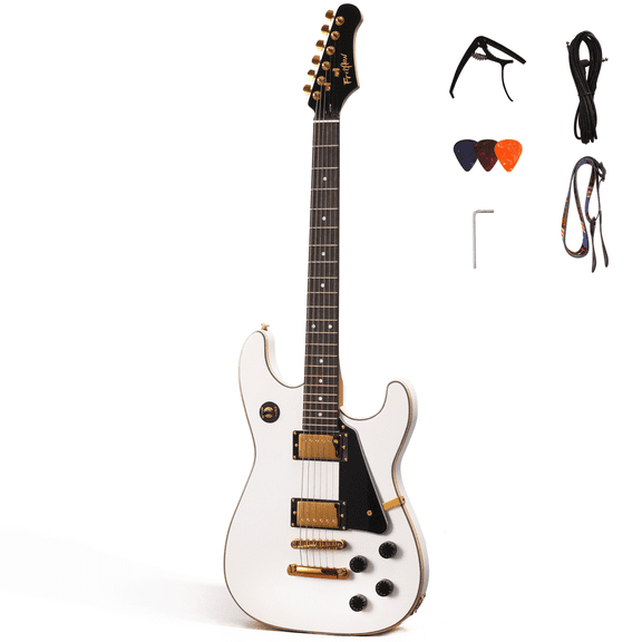 FRETFLOW LS Style Electric Guitar Kit 39 in HH Humbucker Fingerboard Right Handed White, Includes Cable Strap Capo Picks Wrench for Rock Blues Jazz