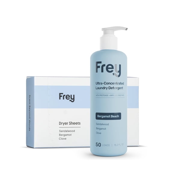 FREY Classic Laundry Bundle  Concentrated Liquid Detergent (Up to 50 Loads) + Dryer Sheets (30 Sheets)  Plant-Derived Formulation, HE Compatible (Bergamot Beach)