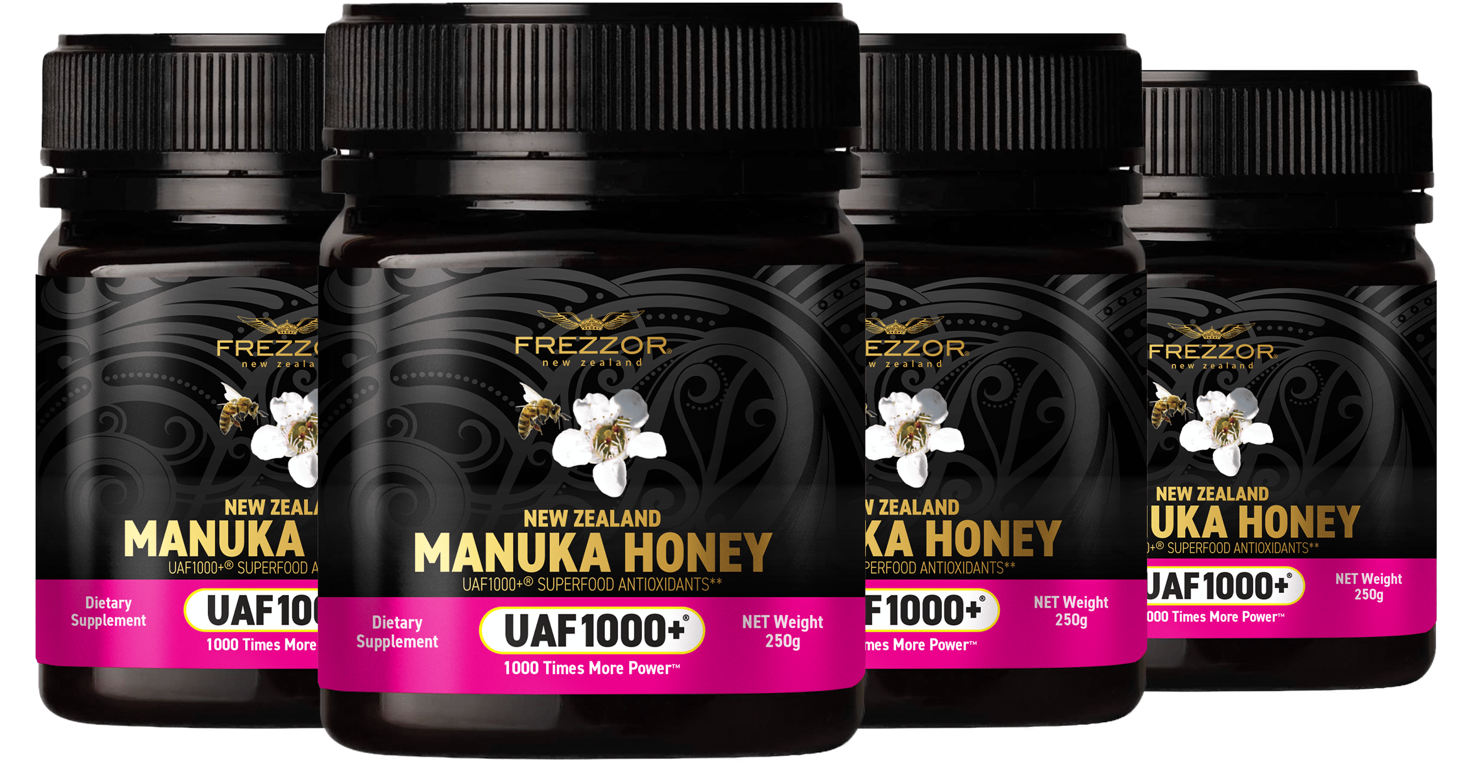 FREZZOR Manuka Honey UAF1000+® – Raw New Zealand Monofloral, Ultimate Antioxidant Superfood (8.8oz/250g) , 4 Jars