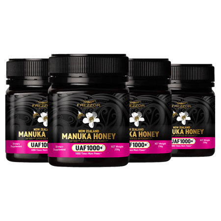 FREZZOR Manuka Honey UAF1000+® – Raw New Zealand Monofloral, Ultimate Antioxidant Superfood (8.8oz/250g) , 4 Jars
