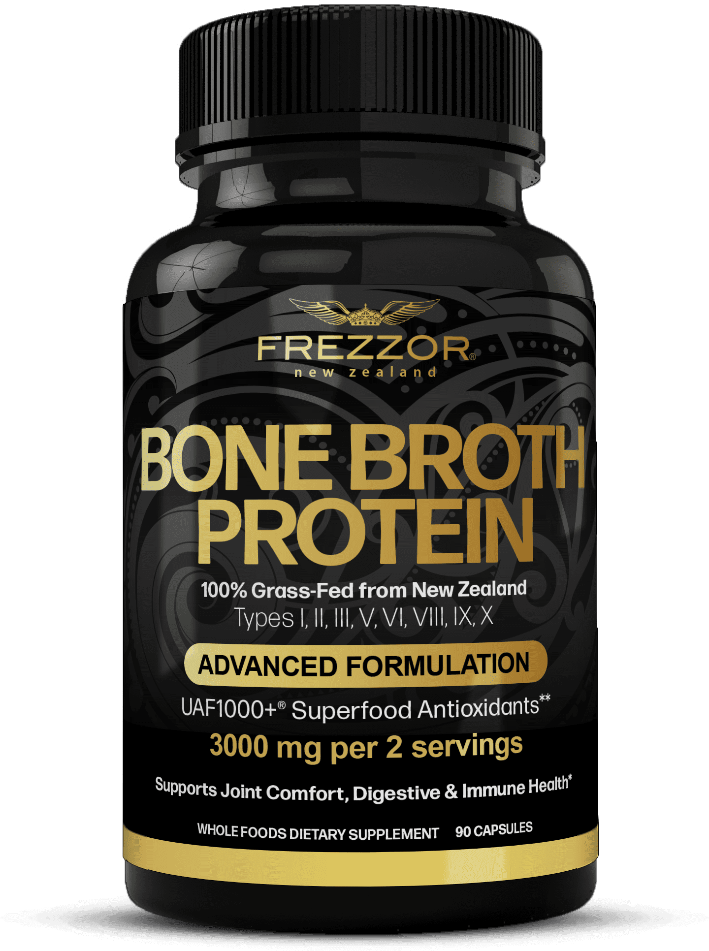 FREZZOR 100% Grass-Fed Beef Bone Broth Protein Capsules for Men & Women | Joint Health & Anti-Age Support | Organic Multi Collagen Peptide Supplement, 1 Pack, 90 Capsules