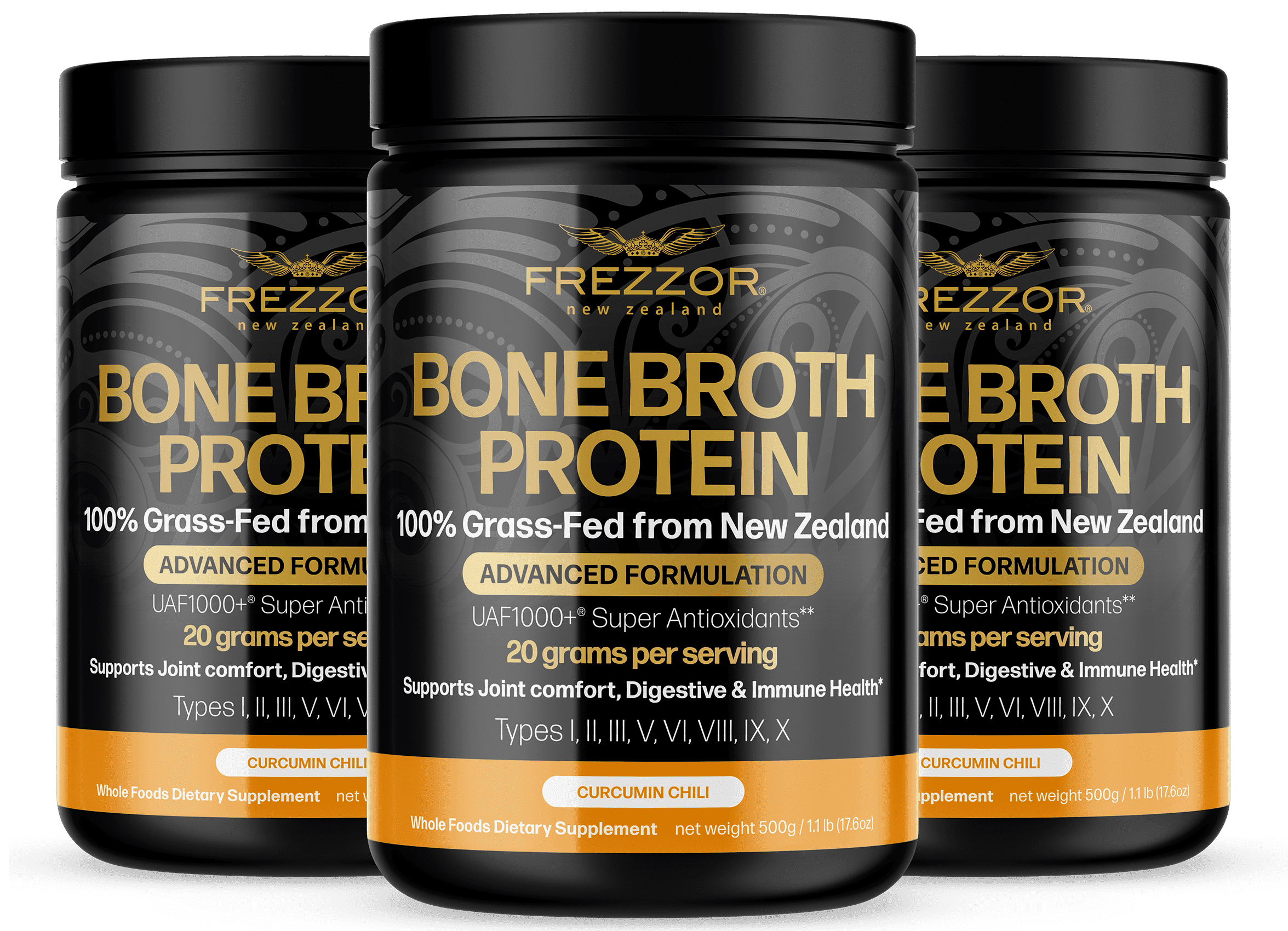 FREZZOR 100% Grass-Fed Bone Broth Collagen Protein Powder, 3 Canisters, 1500 Grams