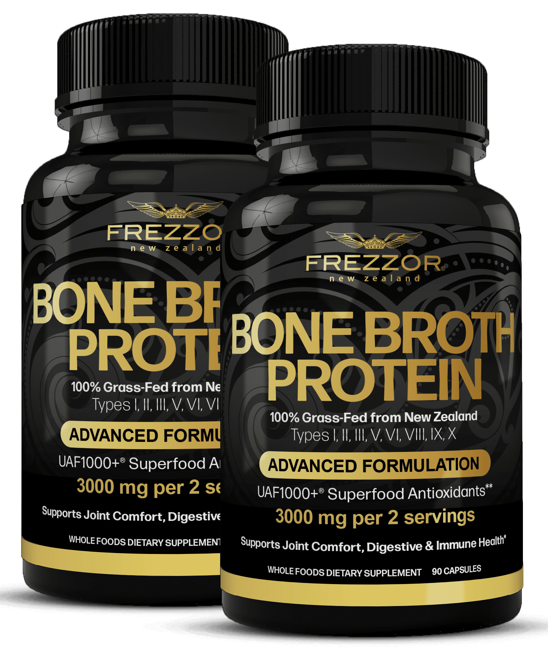 FREZZOR Bone Broth Collagen Protein Capsules Supplements for Joint, Skin, Hair & Nail Support, 180 Capsules, 2 Pack