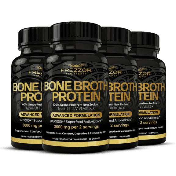 FREZZOR Bone Broth Collagen Protein Capsules Supplements for Joint, Skin, Hair & Nail Support, 360 Capsules, 4 Pack