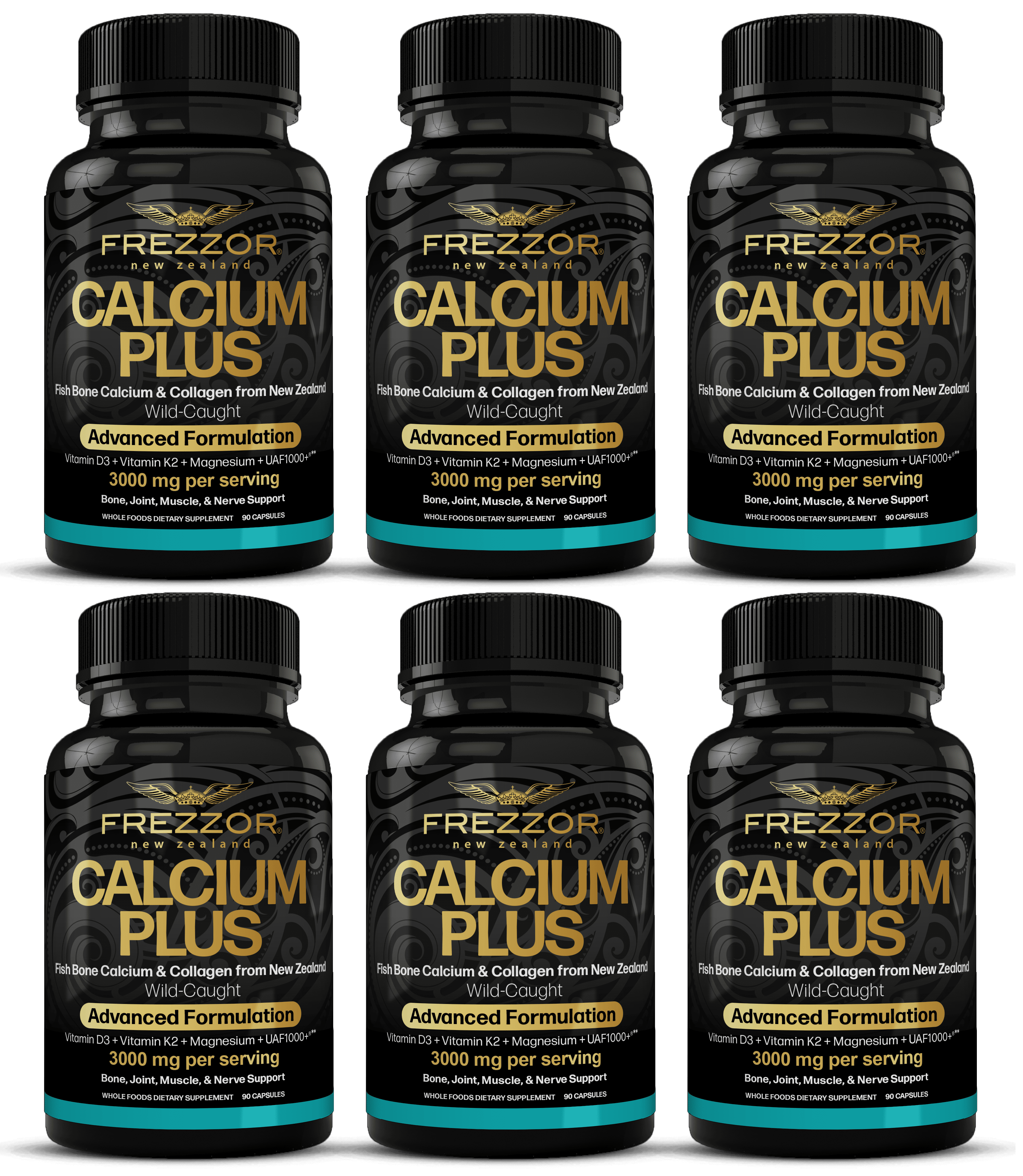 FREZZOR Calcium Plus 6-Pack, Microcrystalline Hydroxyapatite MCHC Calcium Supplement, Magnesium + Vitamins K2 & D3, Bone & Joint Health, New Zealand Wild Caught Fish, Premium Minerals, 540 Capsules