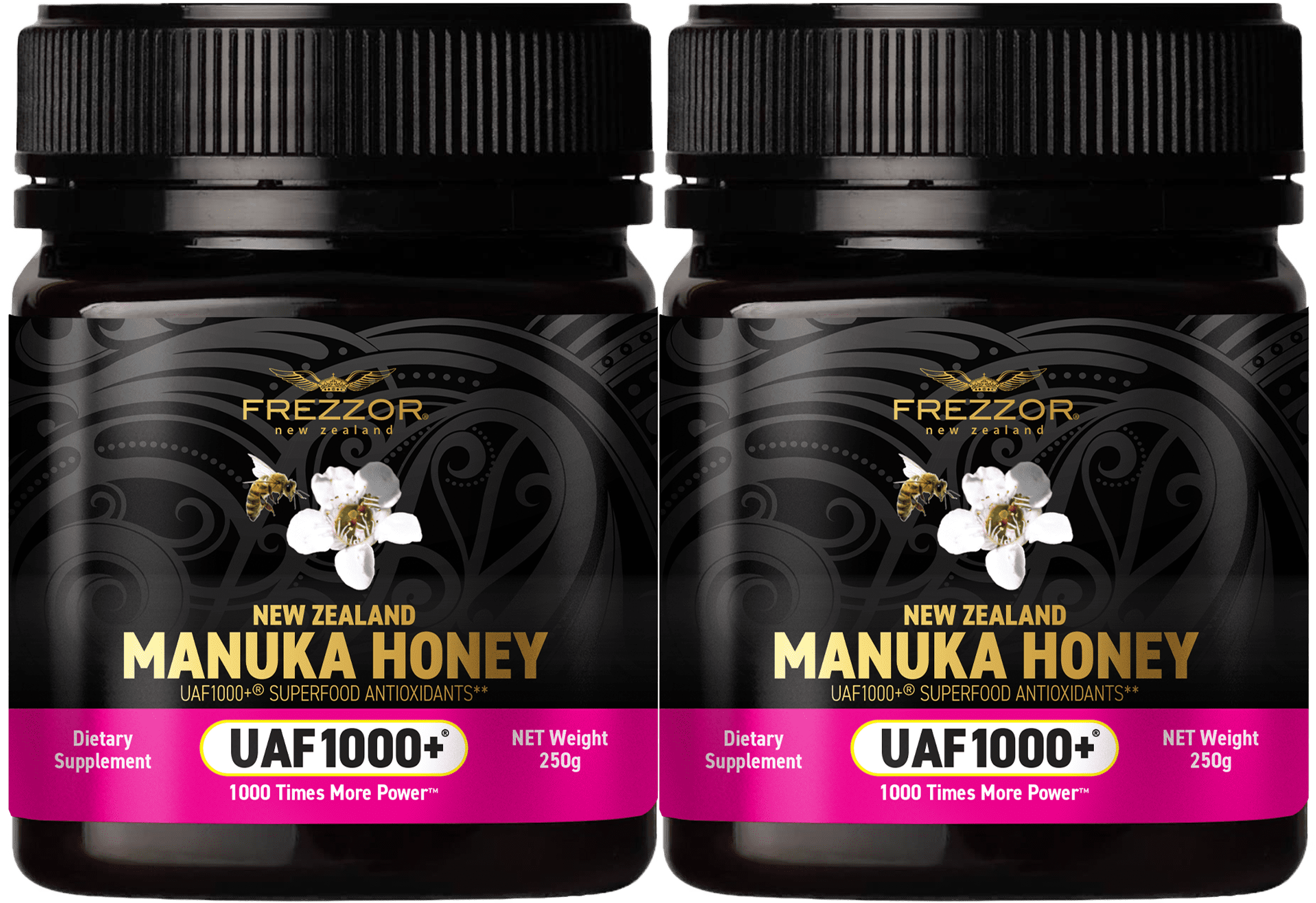 FREZZOR Manuka Honey UAF1000+® – Raw New Zealand Monofloral, Ultimate Antioxidant Superfood (8.8oz/250g) , 2 Jars