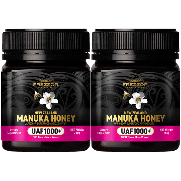 FREZZOR Manuka Honey UAF1000+  Raw New Zealand Monofloral, Ultimate Antioxidant Superfood (8.8oz/250g) , 2 Jars