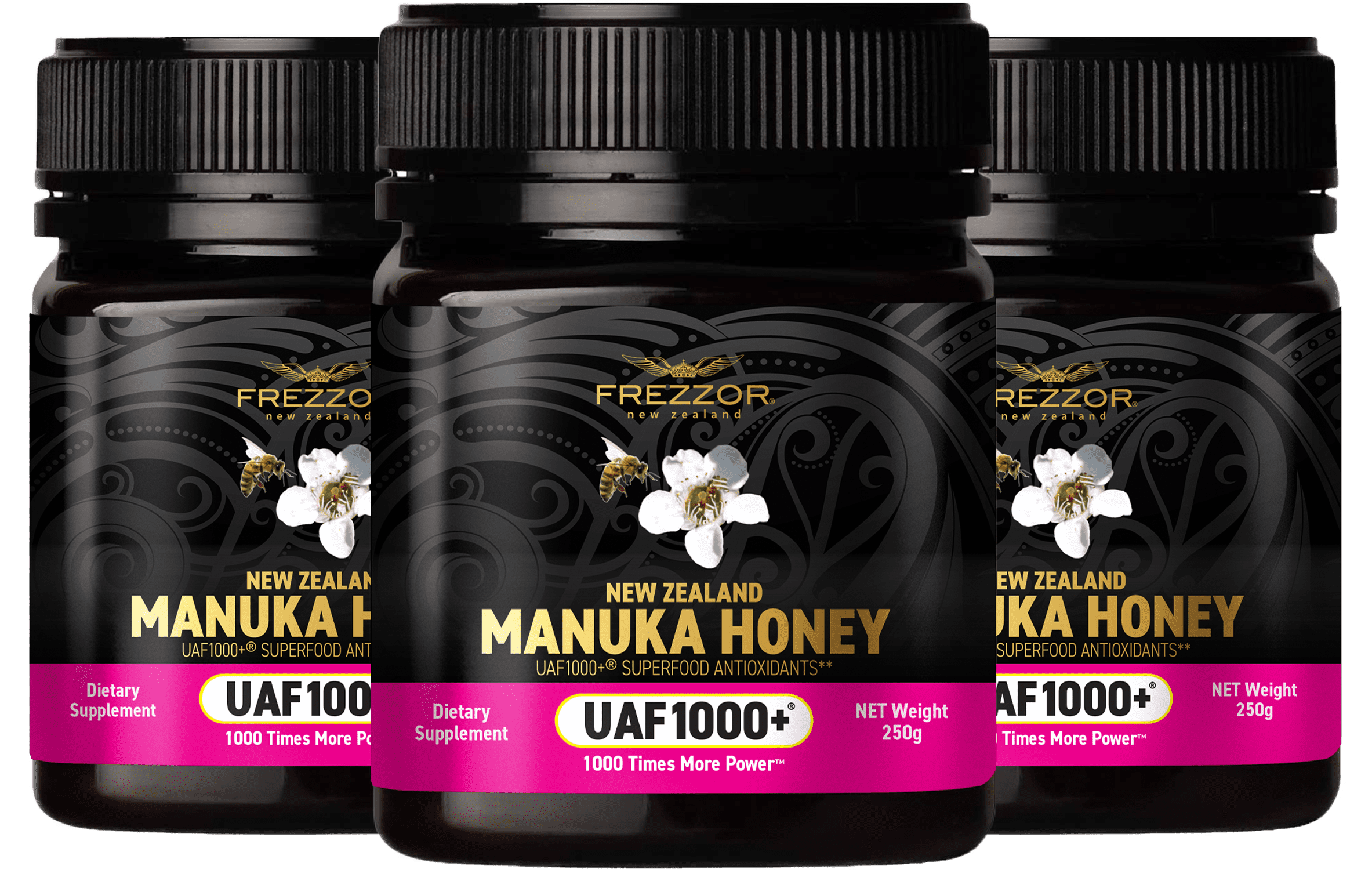 FREZZOR Manuka Honey UAF1000+® – Raw New Zealand Monofloral, Ultimate Antioxidant Superfood (8.8oz/250g) , 3 Jars
