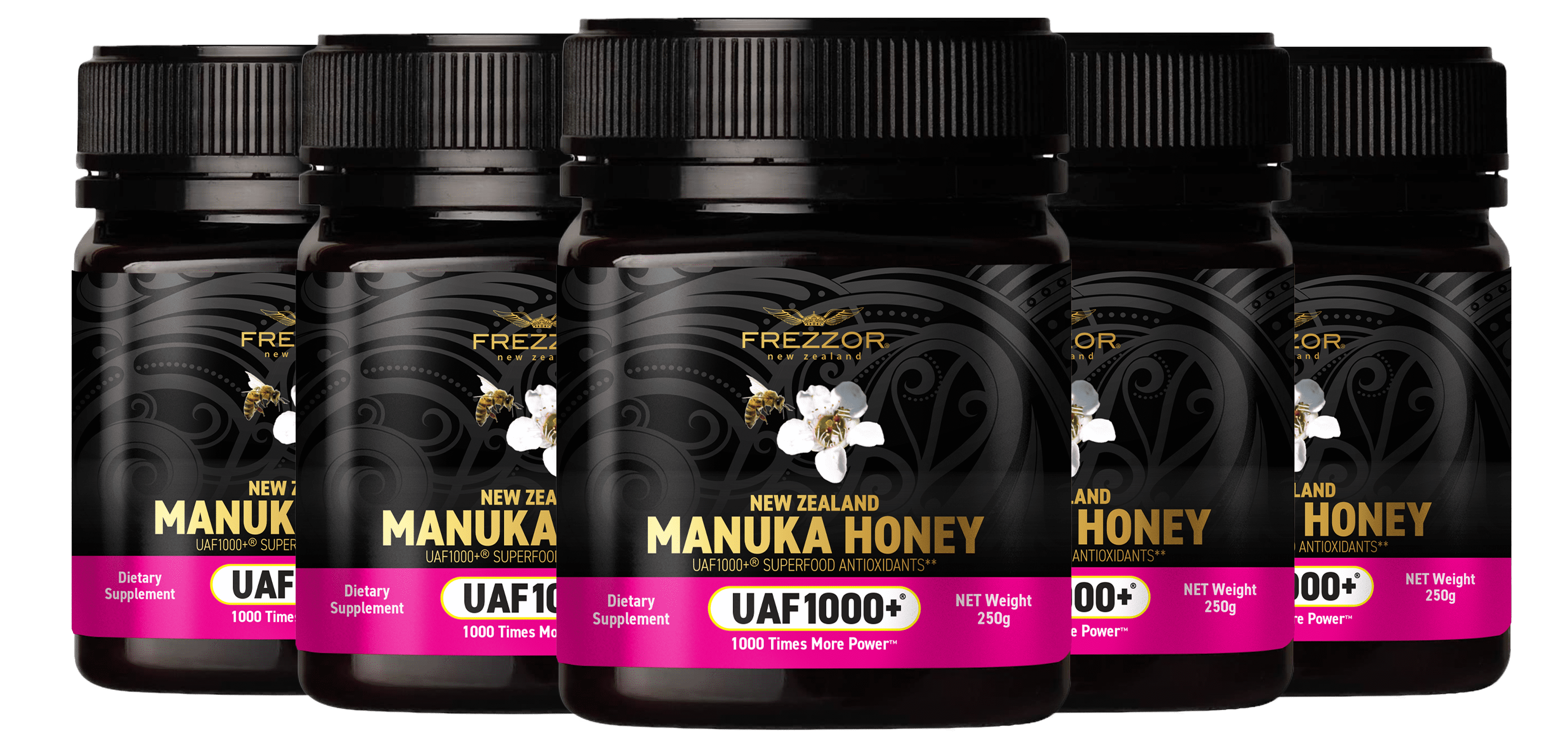 FREZZOR Manuka Honey UAF1000+® – Raw New Zealand Monofloral, Ultimate Antioxidant Superfood (8.8oz/250g) , 5 Jars
