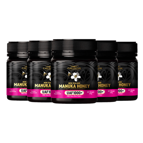 FREZZOR Manuka Honey UAF1000+  Raw New Zealand Monofloral, Ultimate Antioxidant Superfood (8.8oz/250g) , 5 Jars