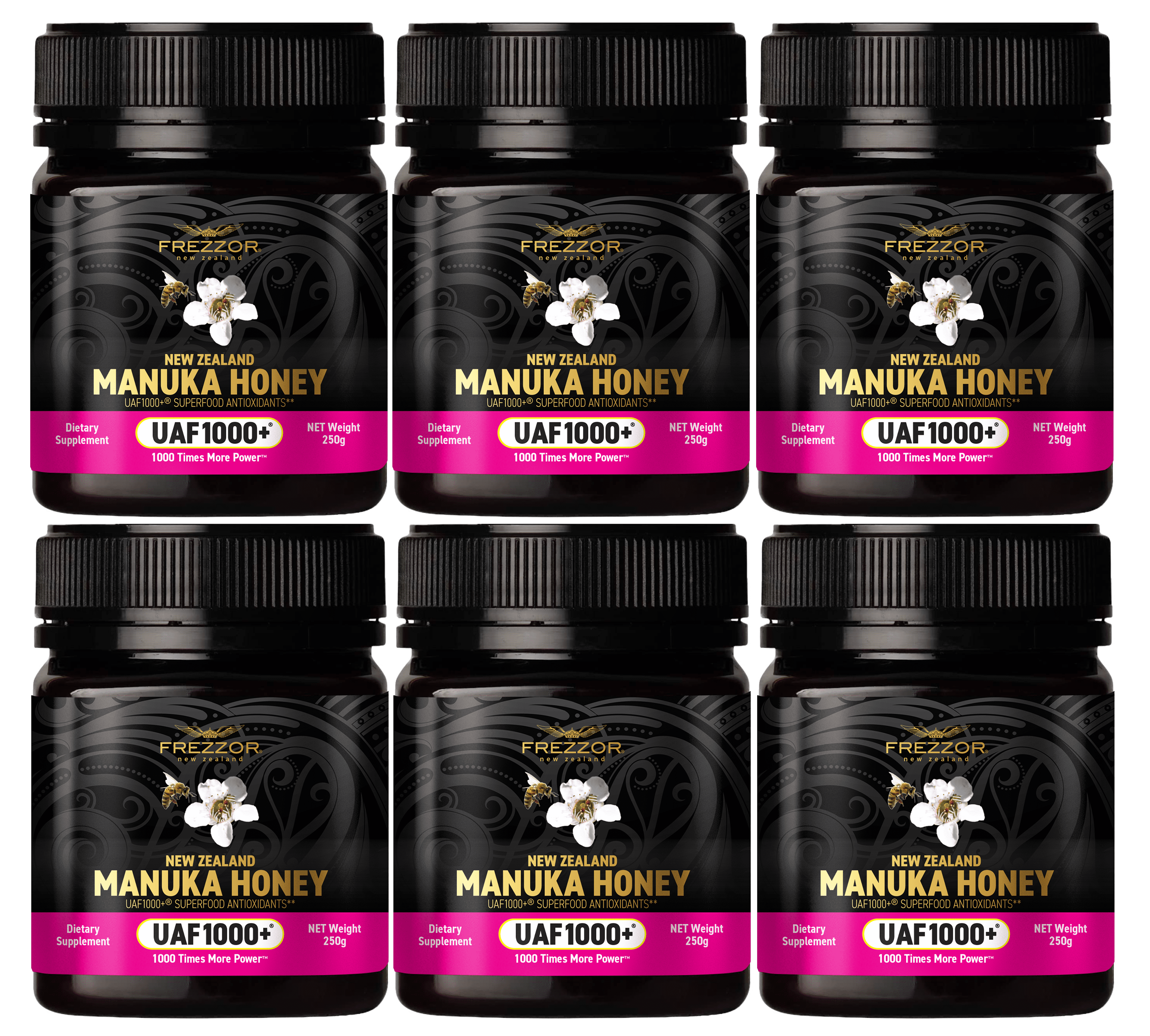 FREZZOR Manuka Honey UAF1000+® – Raw New Zealand Monofloral, Ultimate Antioxidant Superfood (8.8oz/250g) , 6 Jars